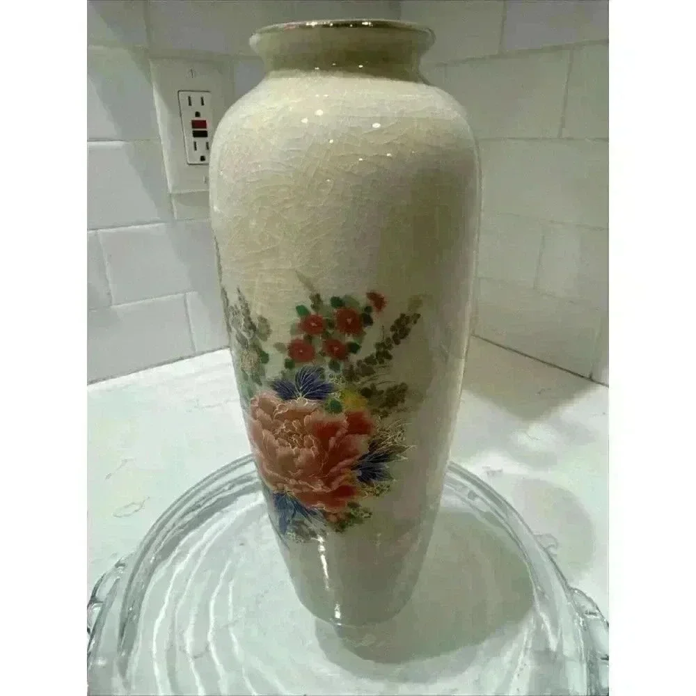 VTG Floral Vase Gold Artmark Japan Blue Red Orange Green Pink 9 in